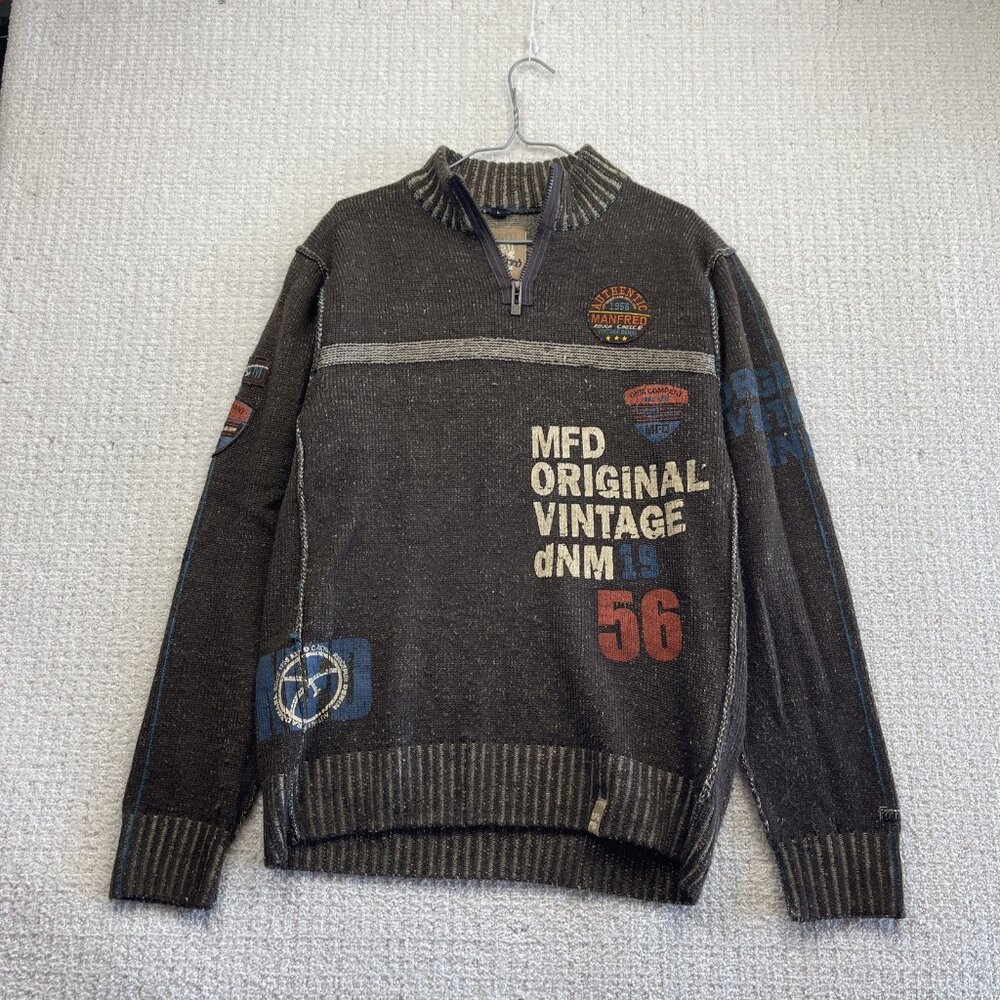 Y2K Manfred Half Zip Knit Sweater Brown Goth Grunge Punk Reverse Stich Men Sz L